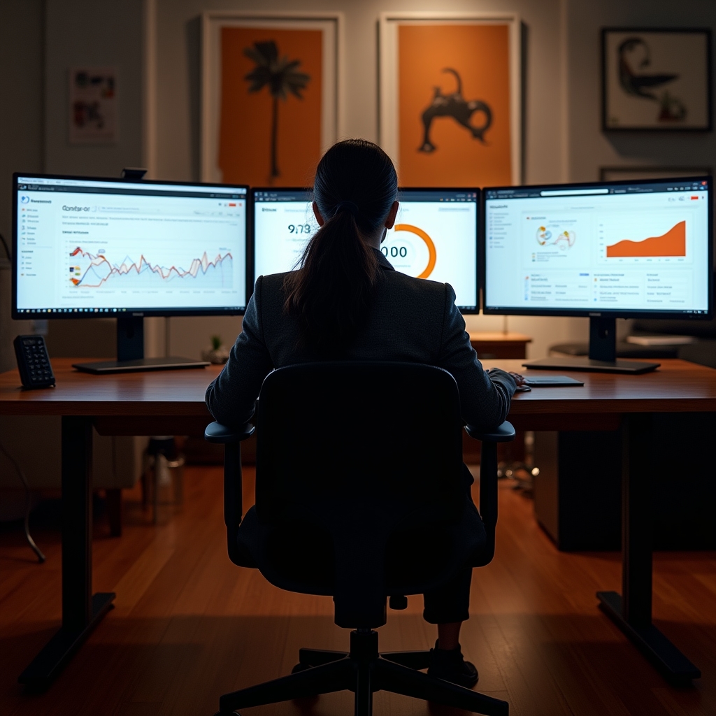 Przegląd dashboardów narzędzi analitycznych UX na ekranie monitora w środowisku biurowym