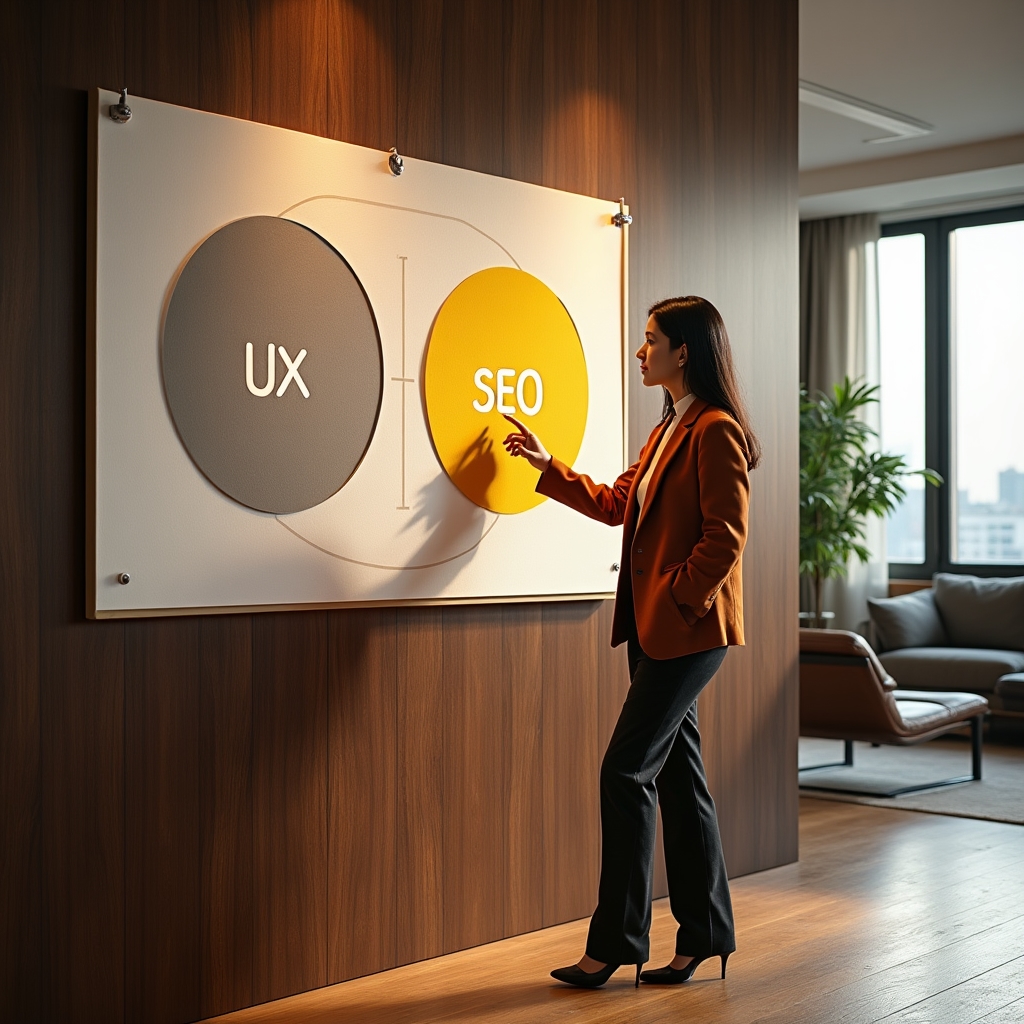 Diagram pokazujący przecięcie obszarów UX i SEO jako wspólną dziedzinę